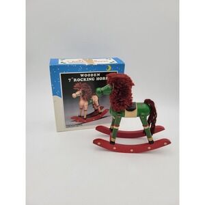 Vintage Wooden Rocking Horse 7" Tall  Christmas Decoration Trenditions Green Red